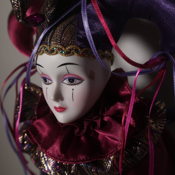 San Francisco Music Box 24" Harlequin Jester Porcelain Doll New Orleans Purple - Picture 3 of 10
